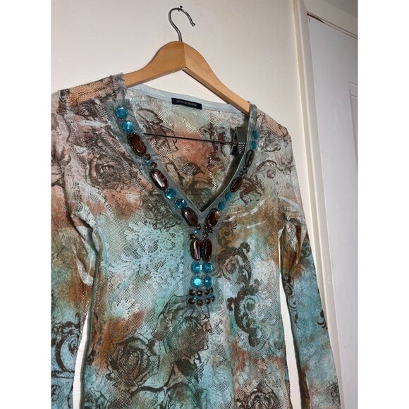 Boston Proper y2k Mesh Blouse Long Sleeve Top Sz Small Blue Brown Bedazzled Gems - Picture 3 of 6